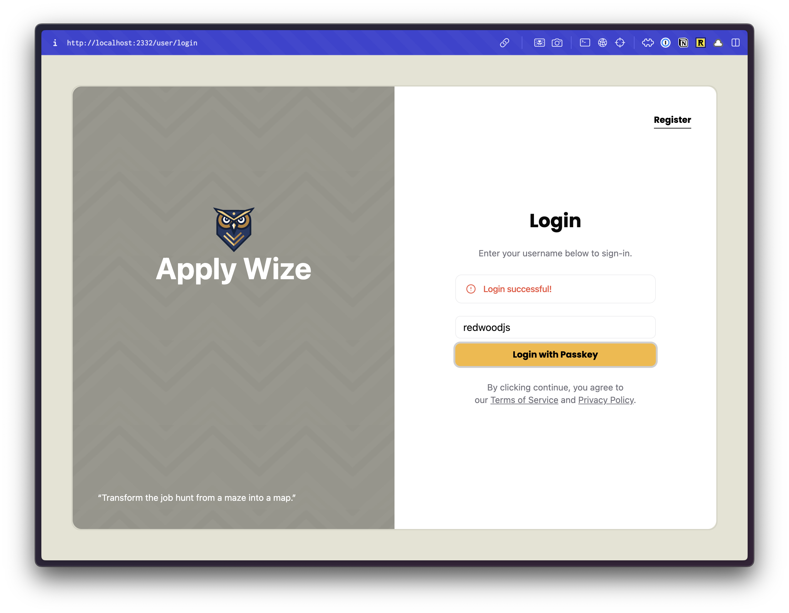 A screenshot showing the successful login message.