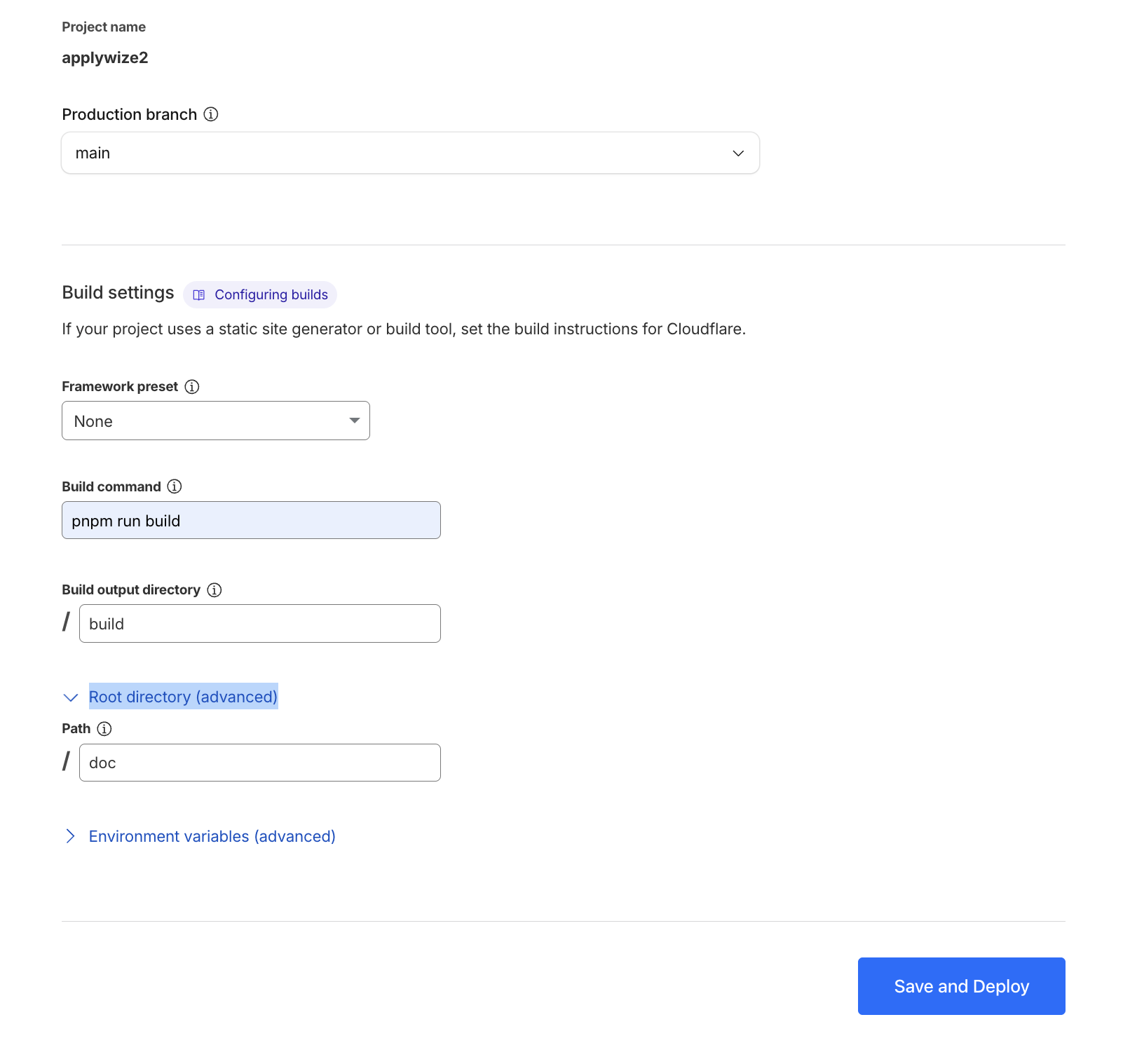 A screenshot of the setup page to configure Cloudflare to build and deploy the static assets for the Docusaurus site.