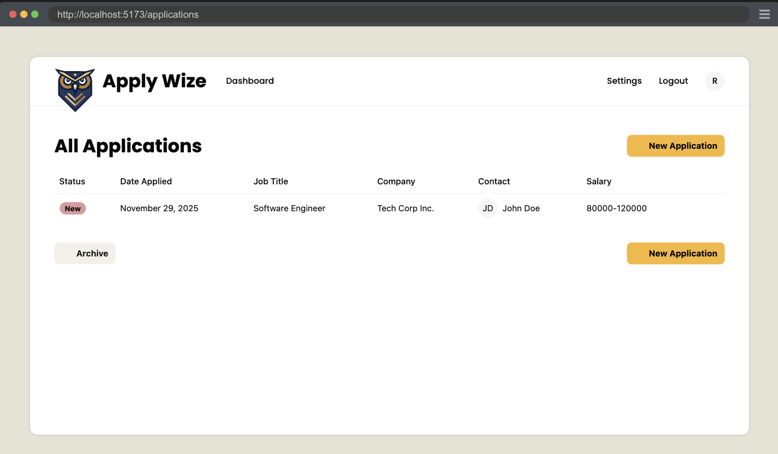 A screenshot of the dashboard page, with not as much padding applied.