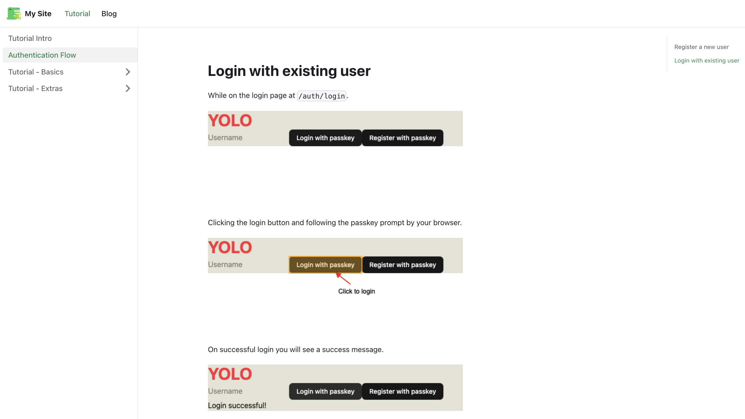 A screenshot of Docusaurus site with documentation on the login process.