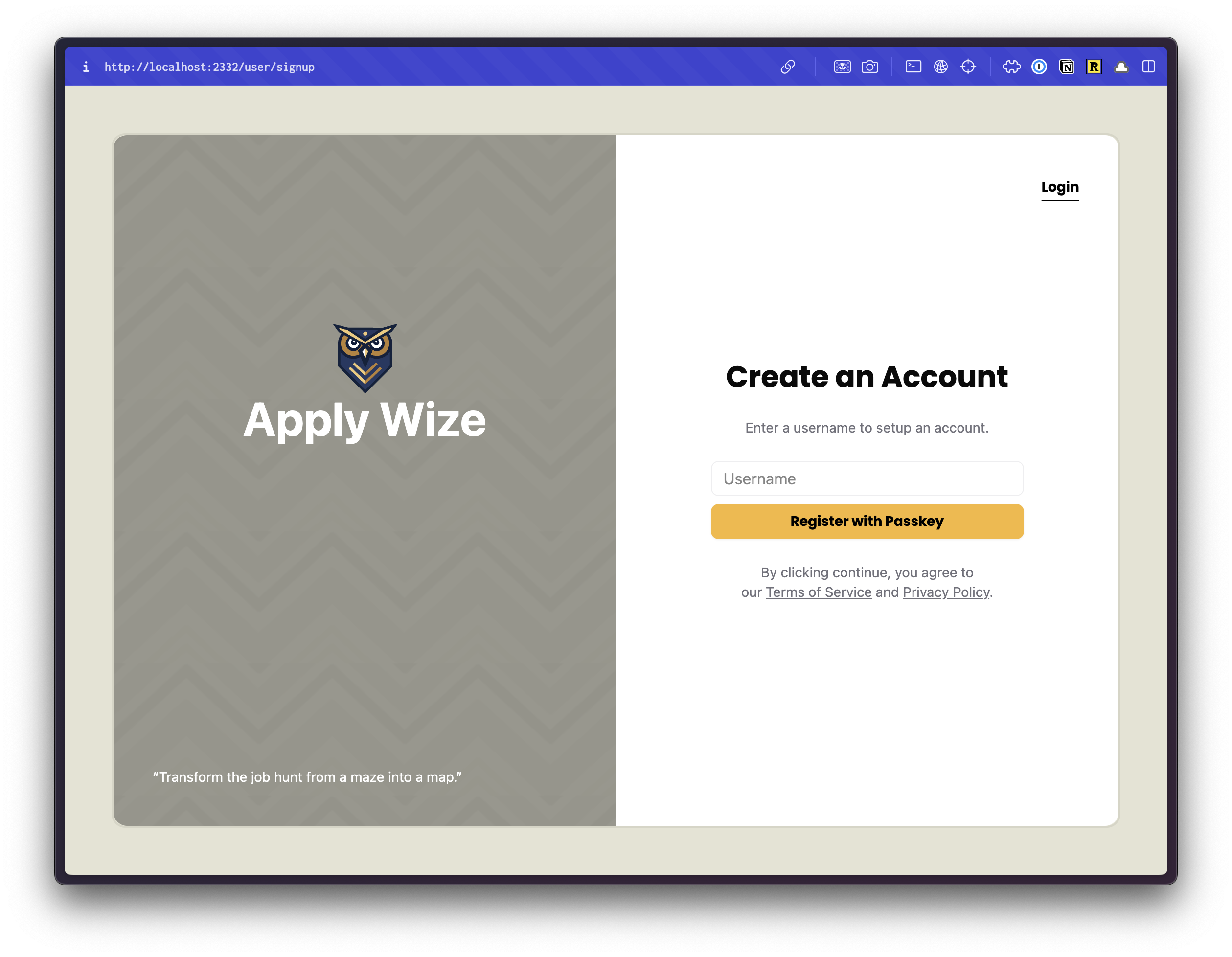 A screenshot of the signup page