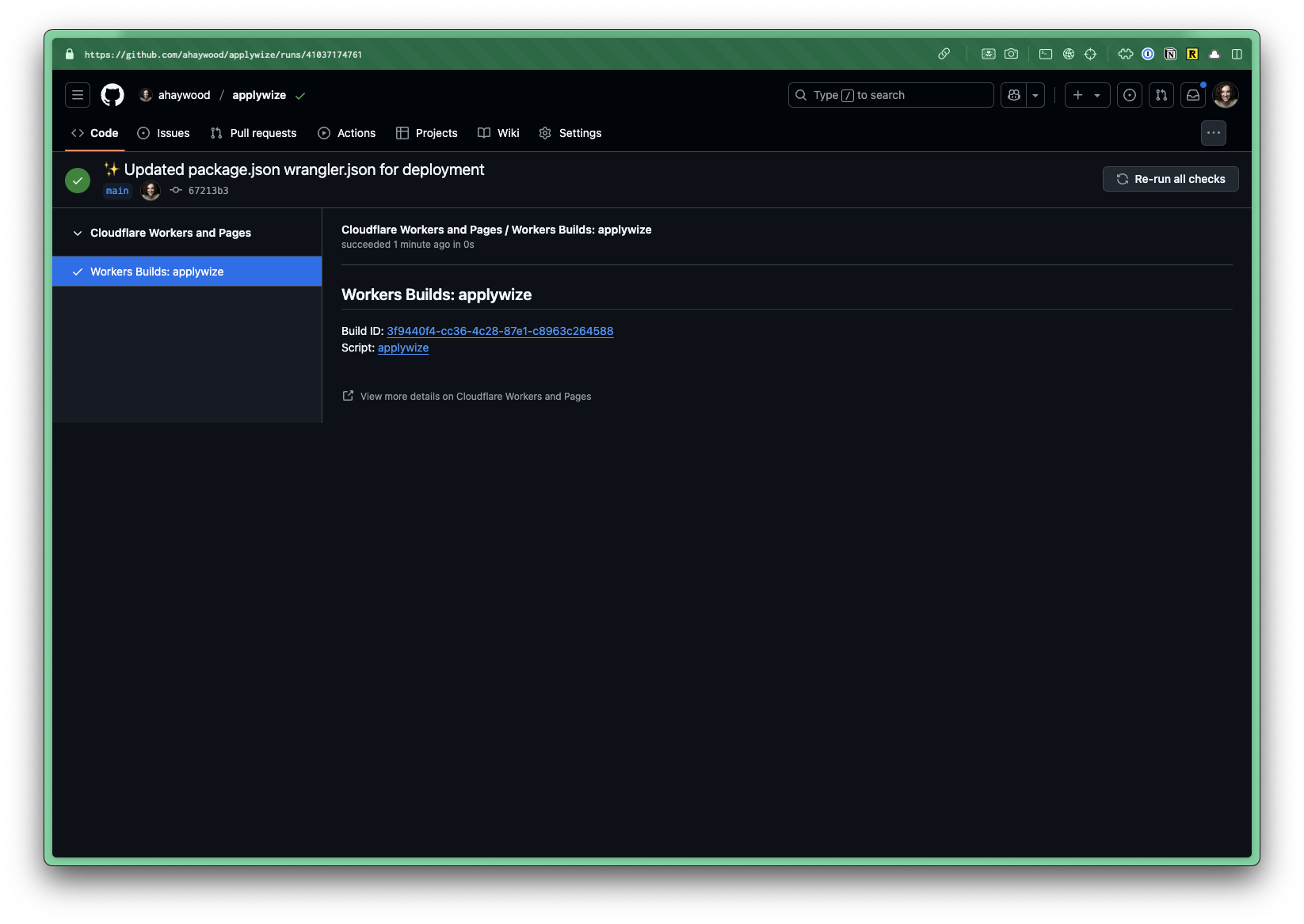 A screenshot of the Cloudflare deployment details on GitHub.