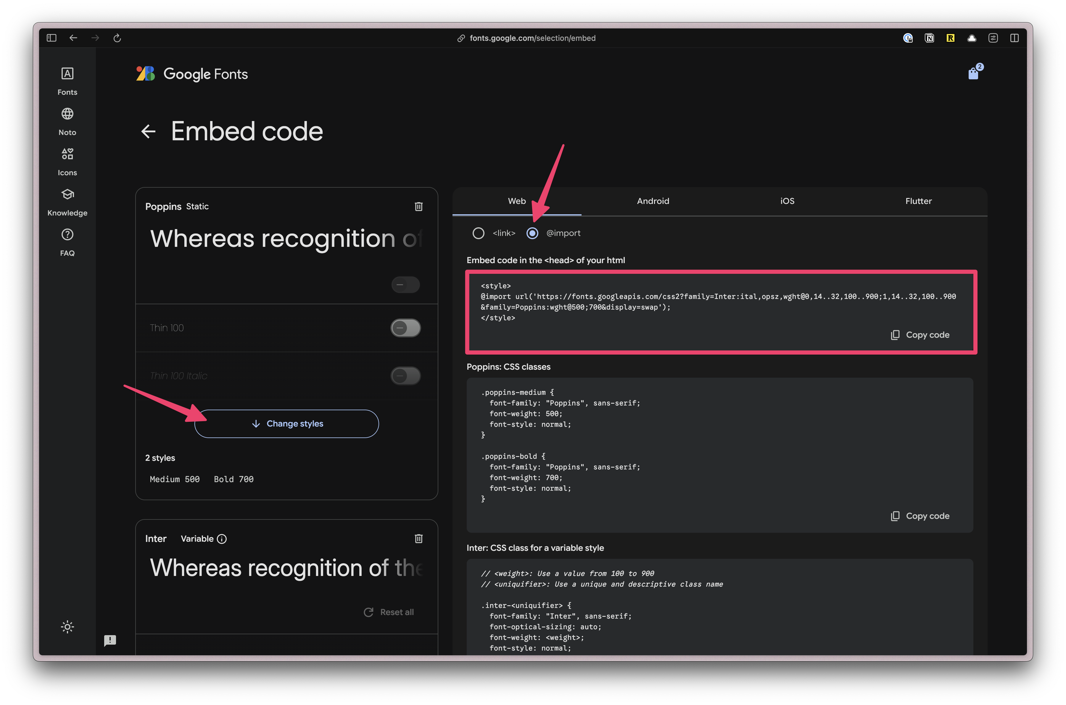 Screenshot of Google Font site highlighting "Change style" button, a "@import" radio button, and highlighting the code block to embed the CSS