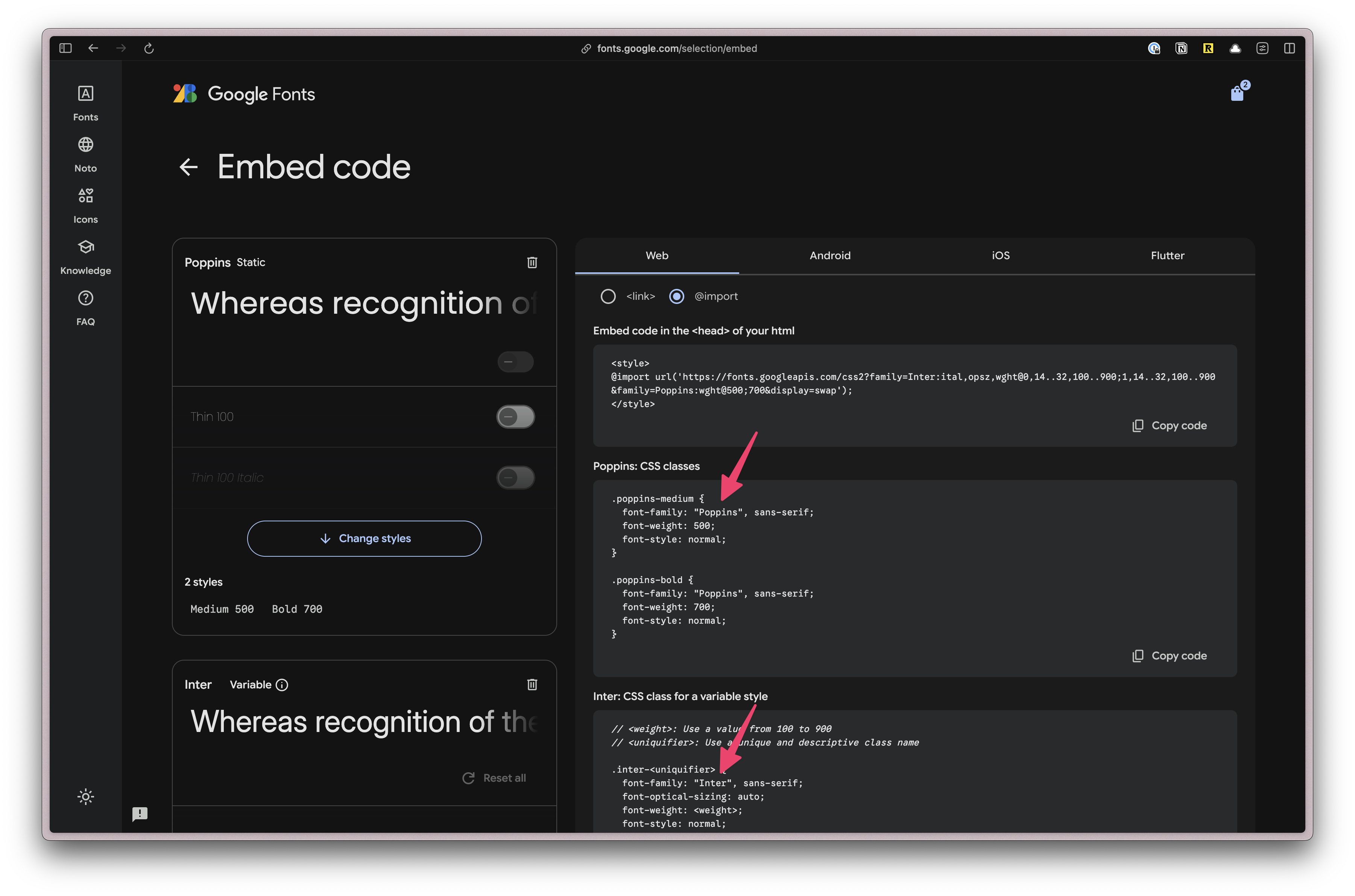 Screenshot of Google Font site, highlighting the code block with the font being set in CSS.