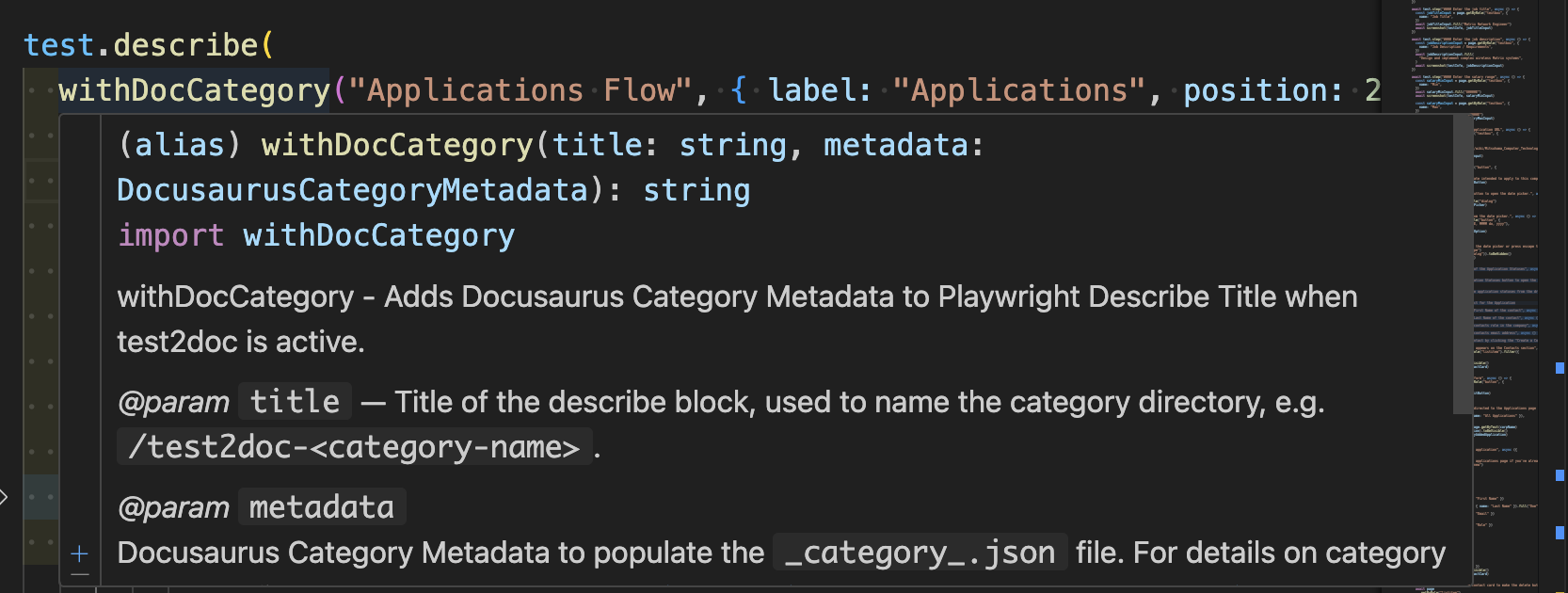 a screenshot of VSCode with the JSDoc of withDocCategory displaying