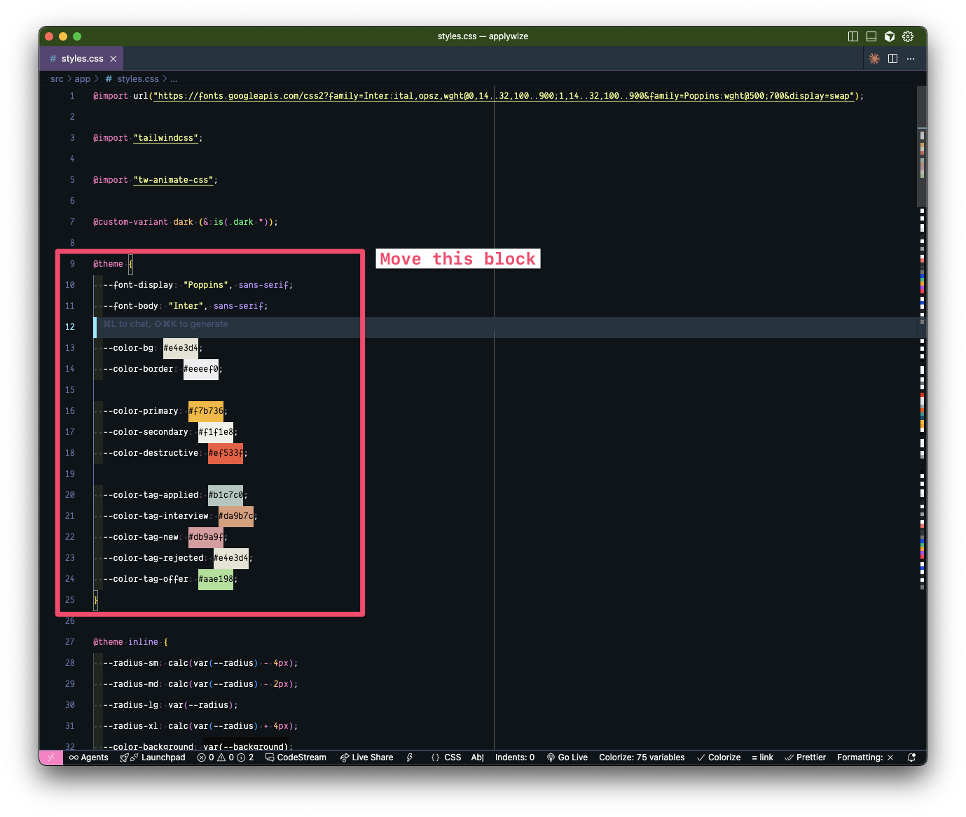 screenshot showing the @theme css color variables in styles.css