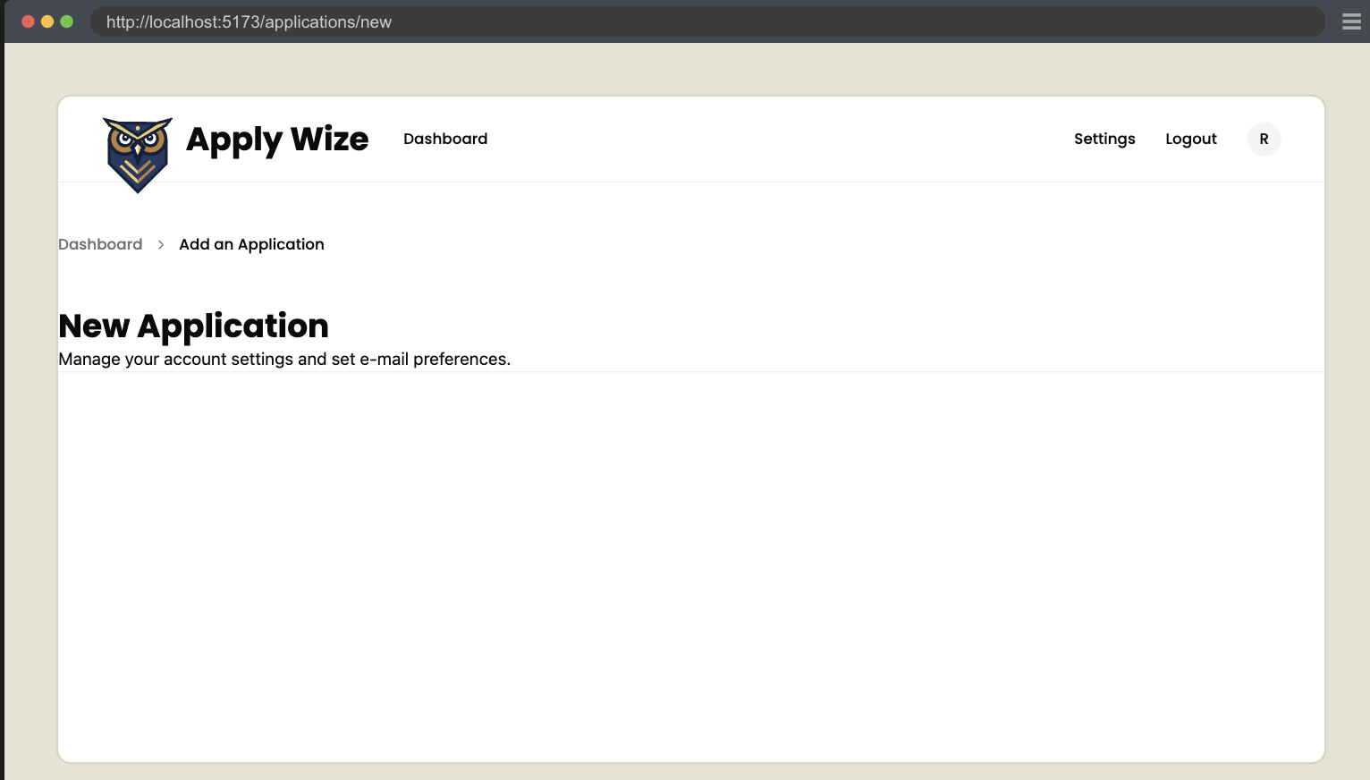 A screenshot of the currently styled New Application page. The content is clearly too close to the edge.