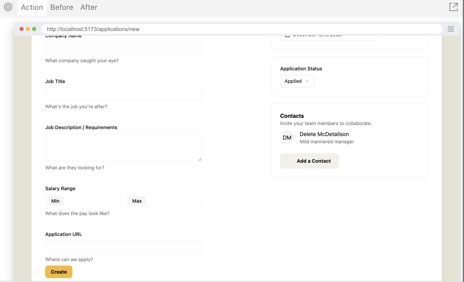 A screenshot from playwright after the new application form is submitted.