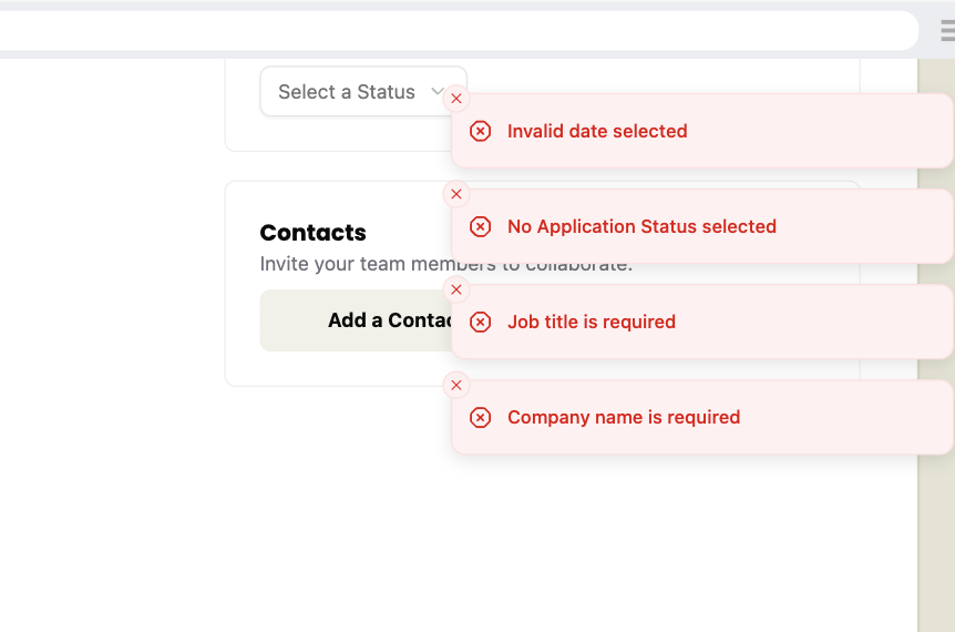 A screenshot with the toaster expanded showing all the error messages from validation.