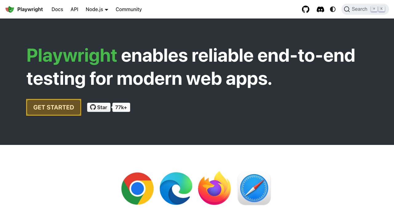 screenshot from playwright's site highlighting the "Get started" button