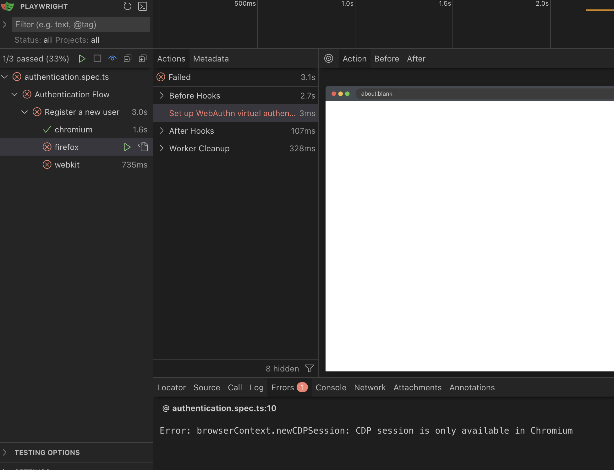 A screenshot of Playwright UI with a test passing in Chrome but failing in Firefox and Safari.