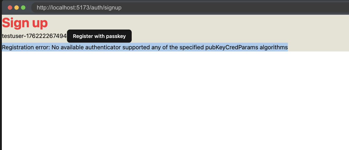 A screenshot of the Registration page with an error message