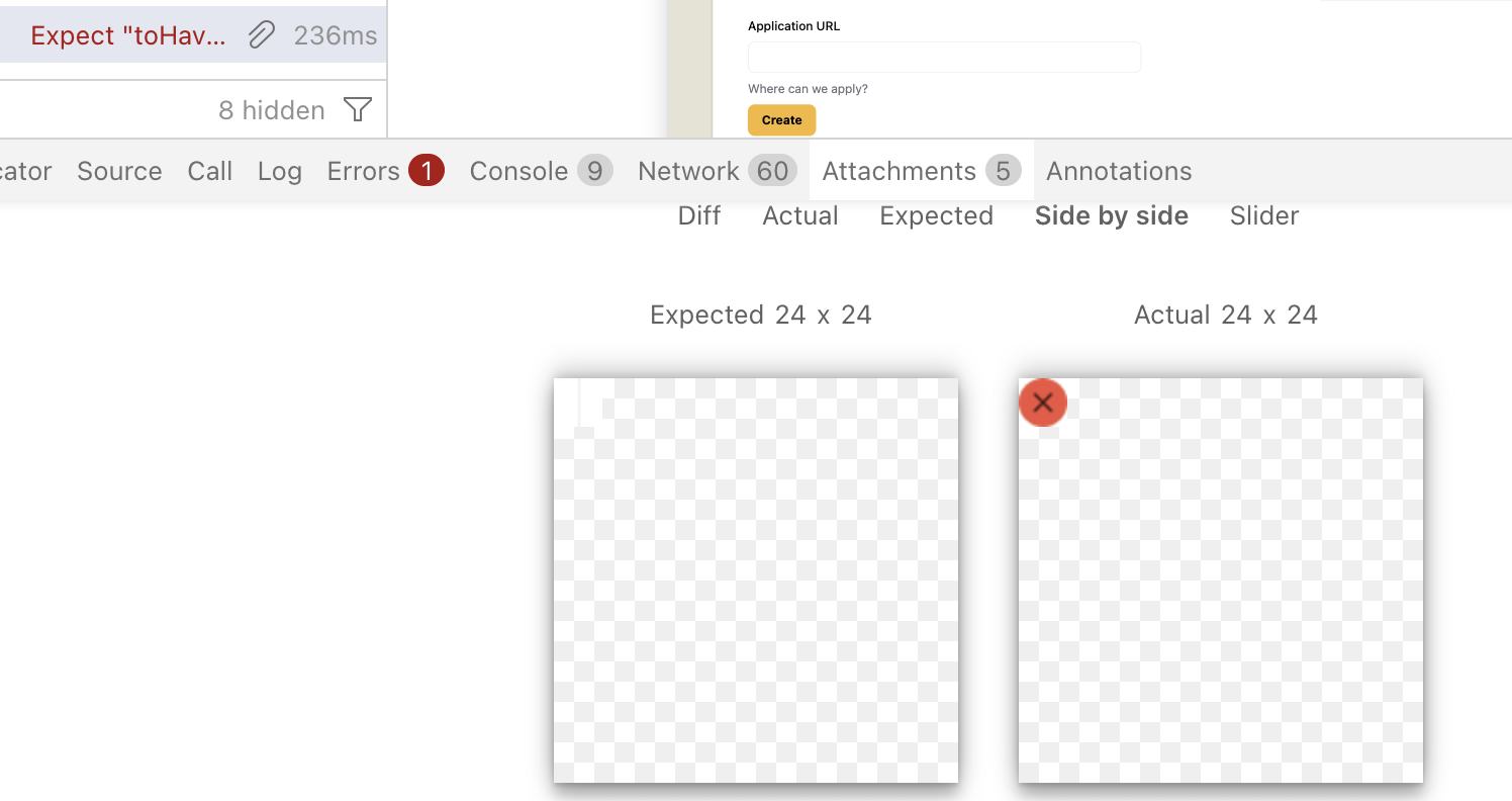 A screenshot from playwright show the expected screenshot and the actual.