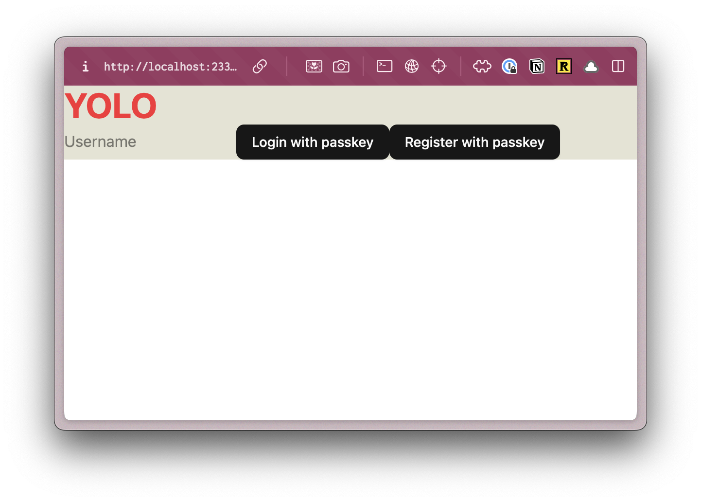 A screenshot of a red header text saying "YOLO" and an input form with 2 black buttons. One button says "Login with passkey" while the other says "Register with passkey".